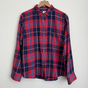 J.Crew Perfect Fit Plaid Flannel Shirt Size Large Petite Red Navy Blue